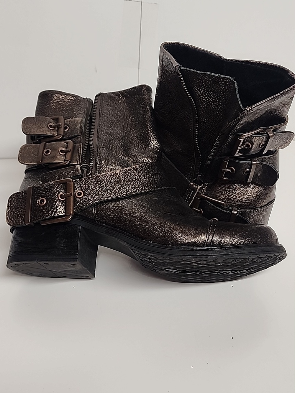 Kenneth Cole Reaction Metallic Bronze Buckle Ankle Boots Size 8.5 Moto Biker - Picture 13 of 13